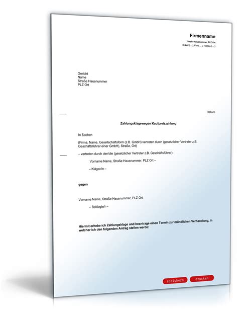 Die professionelle note sollte deshalb gewahrt sein. Zahlungsklage wegen Kaufpreiszahlung - Muster zum Download