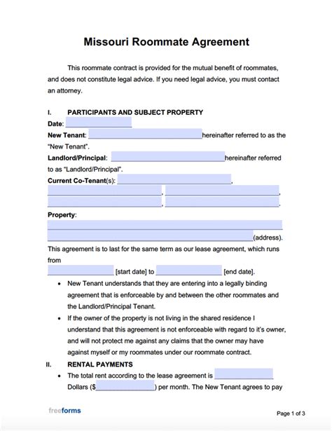 Free Missouri Roommate Agreement Template PDF WORD