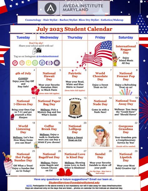 July 2023 Student Calendar Aveda Institute Maryland