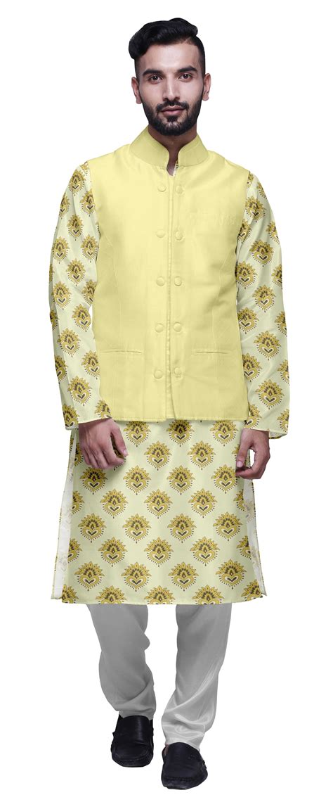 Atasi Mens Kurta Pajama Jacket Indian Mandarin Collar Printed Ethnic