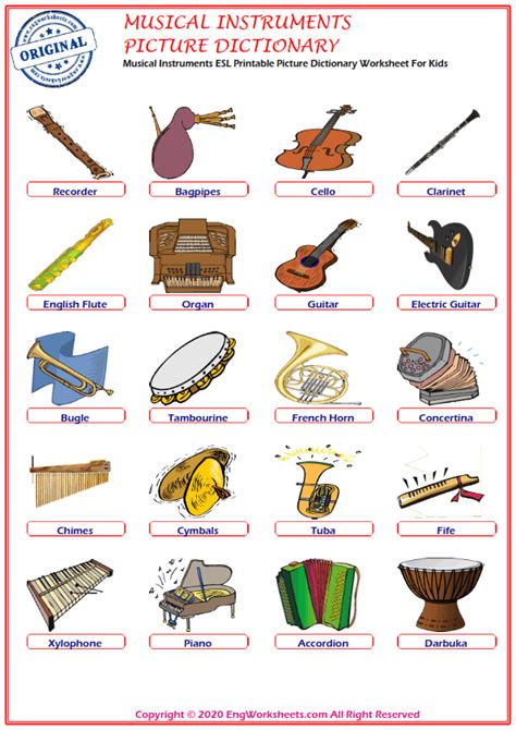 Musical Instruments Esl Printable Picture Dictionary Worksheet For Kids