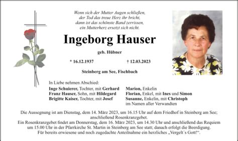 Traueranzeigen Von Ingeborg Hauser Mittelbayerische Trauer