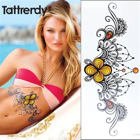 Sternum Temporary Tattoo Under Breast Yellow Diamond Choker Pattern