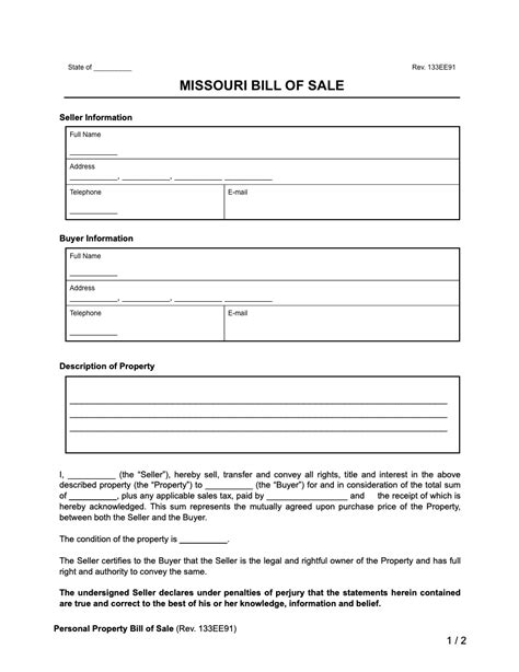Free Missouri Bill Of Sale Forms Printable Pdf And Word
