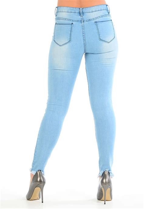 Womens Ladies Pocket Metal Studded Distressed Denim Blue Jeans Ebay