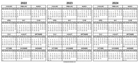 Printable Calendar From 2022 To 2024 Three Year Calendar 2022 23 24