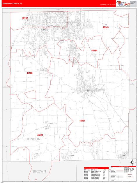 Johnson County In Zip Code Wall Map Red Line Style By Marketmaps