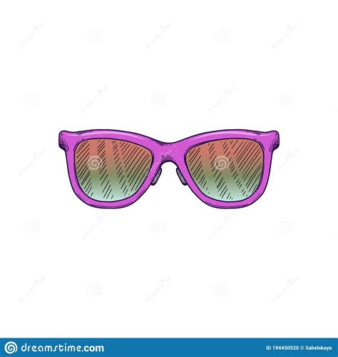 Trendy Purple Sunglasses With Colorful Lens Isolated Drawing On White Background Stock Vector