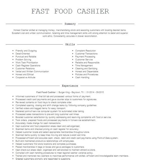 Fast Food Cashier Resume Example