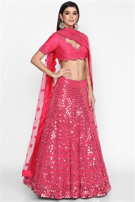 Buy Pink Raw Silk V Neck Embroidered Bridal Lehenga Set For Women By Abhinav Mishra Online At