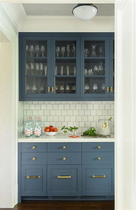 Blue Butlers Pantry Cabinets With Polished Brass Hardware