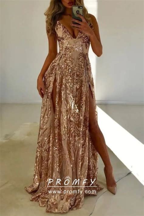 sparkly and sexy gold sequin v neck double slit a line long prom party dress promfy