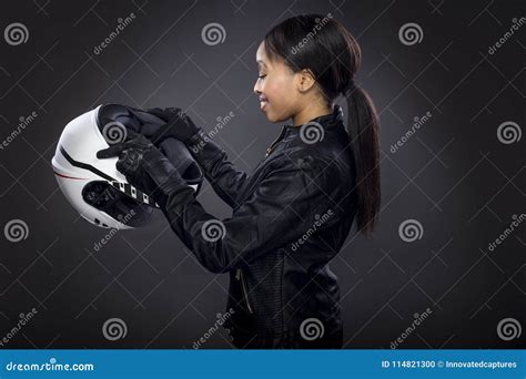 Female Motorcycle Rider Or Racer With Helmet Stock Photo Image Of
