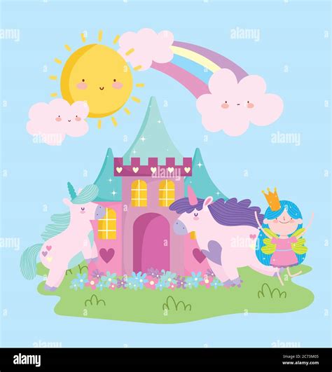 Little Girl Unicorn Flying Rainbow Castle Stock Vector Images Alamy