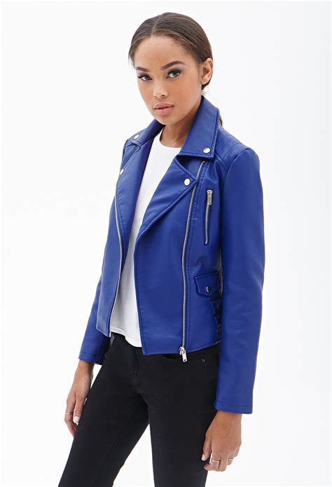 lyst forever 21 faux leather moto jacket in blue