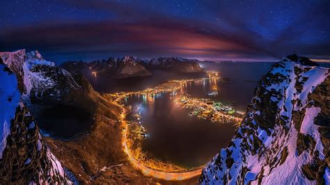 555302 Lofoten Norway Winter Clouds Ports Starry Night Lights Island