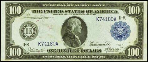 1914 One Hundred Dollar Federal Reserve Note Blue Sealworld Banknotes