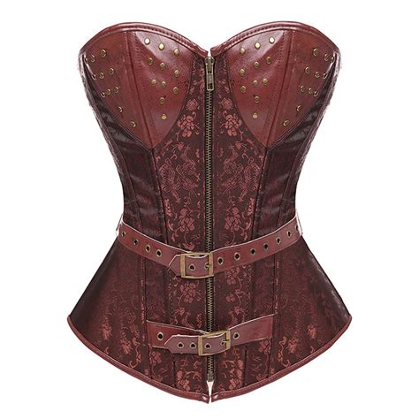 Faux Leather Corset Sexy Brown Zipper Steampunk Gothic Corset Overbust Lace Up Back Corset