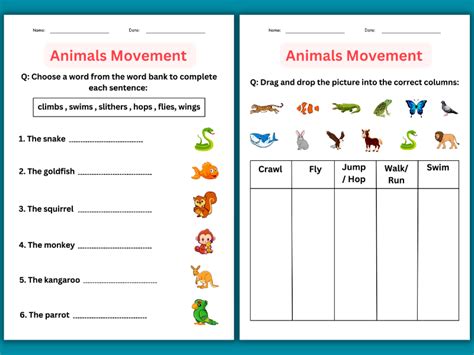 Preschool Movements Of Animals Worksheets For Kindergarten Teaching