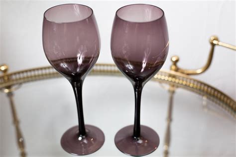 Pair Wine Glasses Amethyst Purple Stemware Retro Barware Glassware