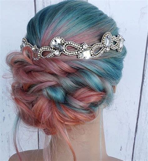Teal And Red Orange Ombré Hair Color With Hair Accessory