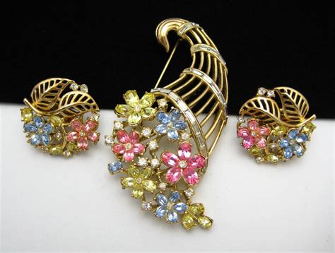 Trifari Rhinestone Brooch Earrings Set Philippe Vintage Pink Yellow Blue Flowers Sets