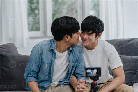 Young Asian Gay Couple Influencer Couple Vlog At Home Teen Korean Lgbtq Men Happy Relax Fun