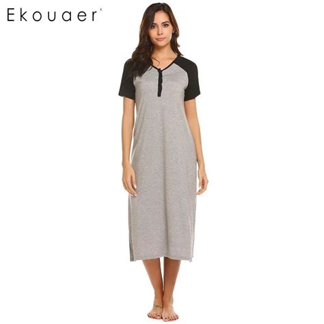 Ekouaer Women Nightgown Dress Nightwear Patchwork Short Sleeve V Neck