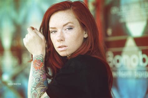 Women Redhead Model Portrait Long Hair Photography Purple Tattoo Freckles Fashion Hair