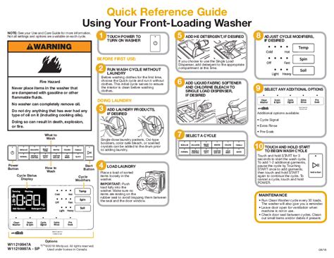 Quick Reference Guide For Front Loading Washer Whirlpool And Amana