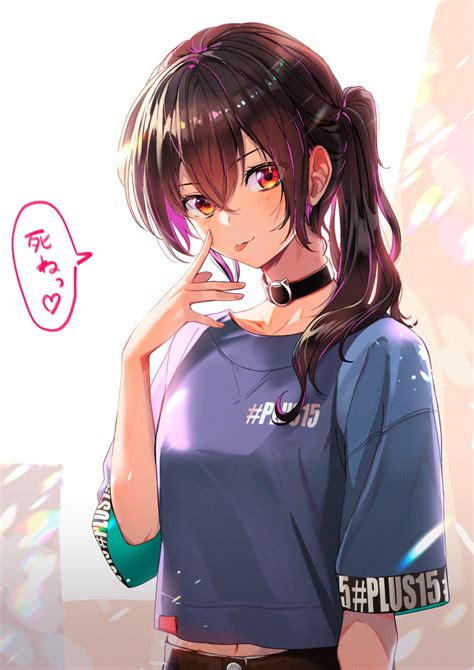 safebooru 1girl p akanbe bangs blue shirt blush brown hair choker collarbone eyebrows visible