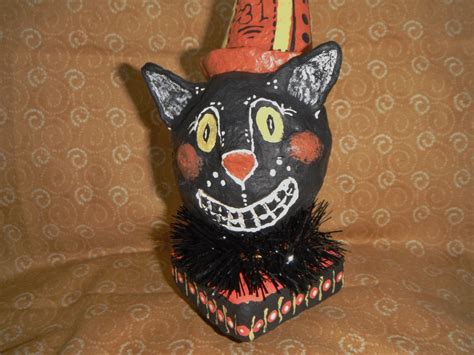 Black Cat Vintage Halloween Ooak Art Figurine Paper Mache Art