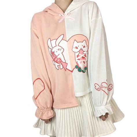 Kawaii Bunny Ear Hoodies Women Cute Cat Print Hooded Sweatshirt Casual