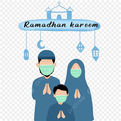 Gambar Vektor Keluarga Muslim Di Ramadhan Kareem Dengan Topeng Muslim