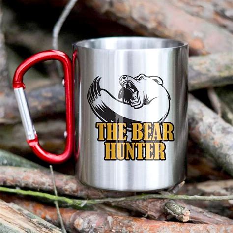 hapfox stainless steel mug with carabiner handle makoroni the bear hunter bear hunting