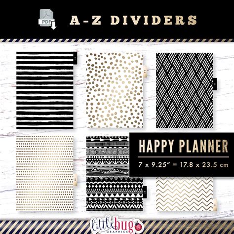A Z Classic Happy Planner Dividers Black White And Gold Hand Etsy