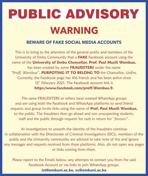 Public Advisory Beware Of Fake Social Media Accounts University Of Embu