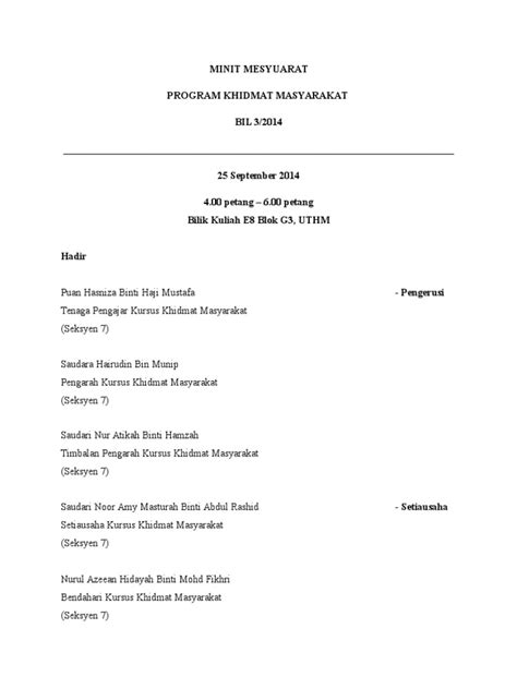 Posted bydaniel dhanu prayogo, sh. Contoh Minit Mesyuarat Khidmat Masyarakat
