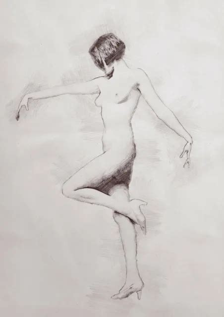 STANDING NUDE FEMALE Pencil Drawing Naked Woman Pose Arms Heels