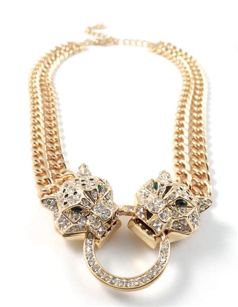 Chain necklace/choker edwardian fine jewellery. Leopard Head Duo Crystal Paved Statement Chunky Gold Necklace