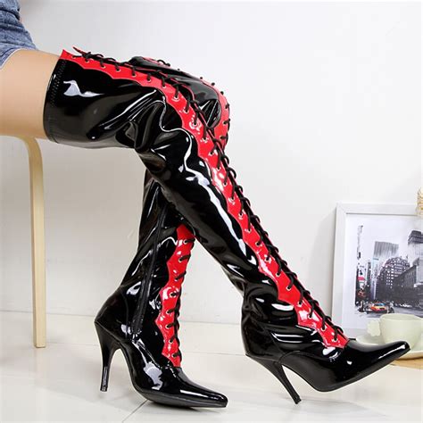 High Heels Boots Women Shoes Thigh Boots Glossy Leather Zipper Lace Up