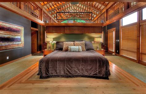 Asian Master Bedroom With Hardwood Floors And Specialty Door