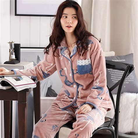 Winter Warm Long Pj Women Pajama Sets Thick Warm Coral Velvet Flannel