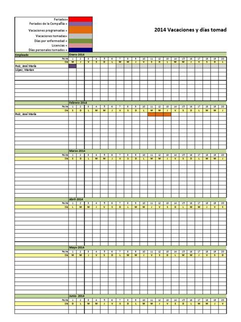 Planilla De Excel De Calendario De Vacaciones De Empleados14xls