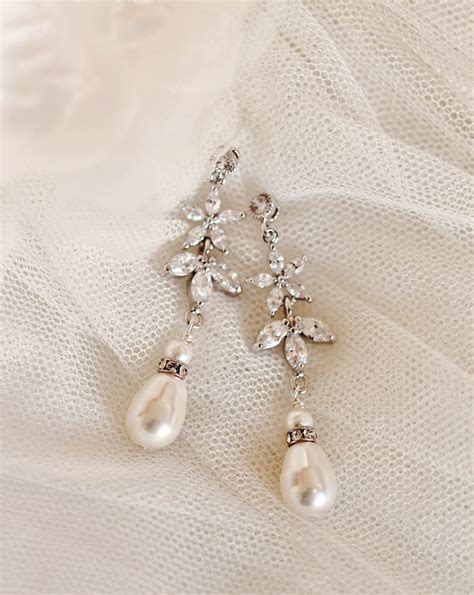 Crystal Flower And Leaf Drop Pearl Bridal Earrings Fall Wedding