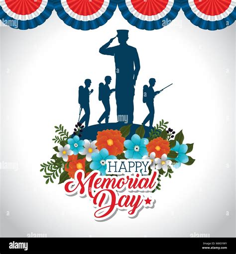 Happy Memorial Day With Beautiful Flowers And Soldier Silhouette Vector