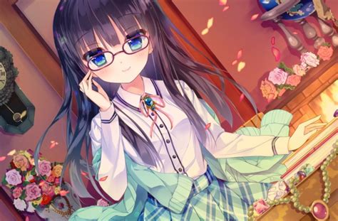 Wallpaper Anime Girl Meganekko Blue Eyes Smiling Long Hair Flowers