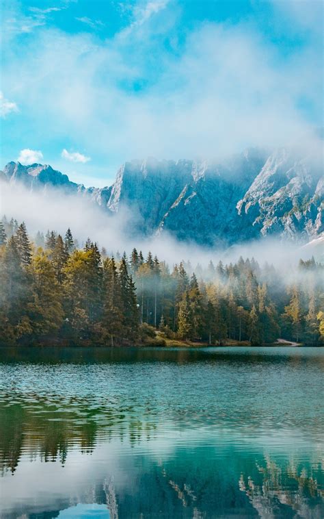 Download 1200x1920 Lake Foggy Mountains Reflection
