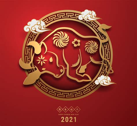 Hóngbāo) containing money to younger family members. 2021 chinese new year greeting card zodiac sign with paper ...