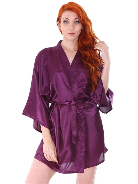 Simplicity Women S Silk Satin Short Lingerie Bridal Kimono Robe Bathrobe Dark Purple
